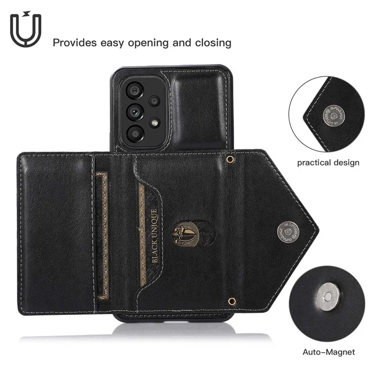 For Samsung Galaxy A53 5G Card Holder Kickstand Phone Case Leather Coated TPU Back Cover with Shoulder Strap - Black