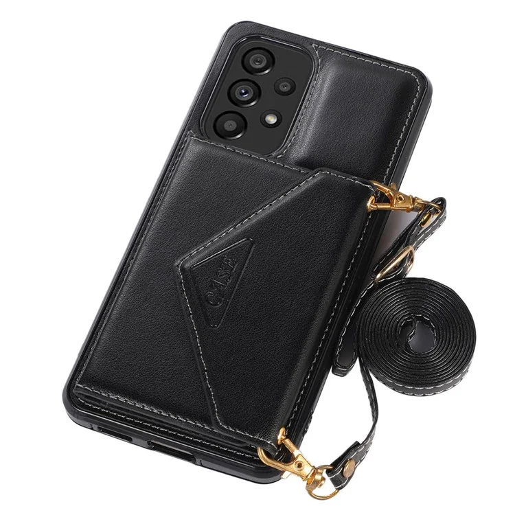 For Samsung Galaxy A53 5G Card Holder Kickstand Phone Case Leather Coated TPU Back Cover with Shoulder Strap - Black
