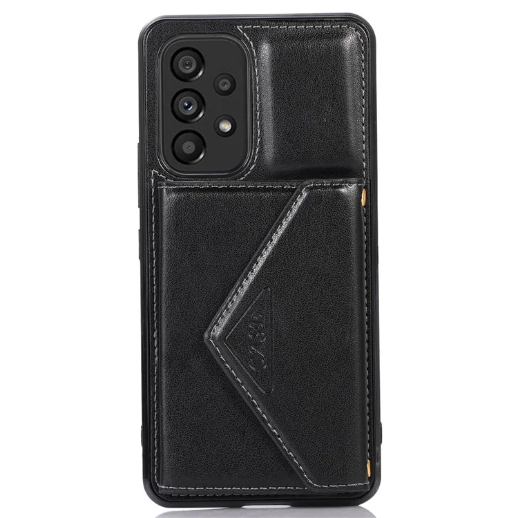 For Samsung Galaxy A53 5G Card Holder Kickstand Phone Case Leather Coated TPU Back Cover with Shoulder Strap - Black
