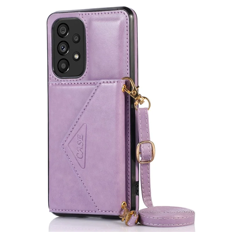 For Samsung Galaxy A53 5G Card Holder Kickstand Phone Case Leather Coated TPU Back Cover with Shoulder Strap - Light Purple