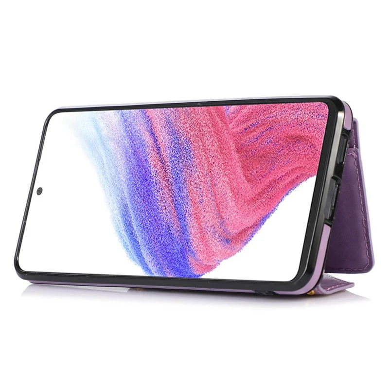 For Samsung Galaxy A53 5G Card Holder Kickstand Phone Case Leather Coated TPU Back Cover with Shoulder Strap - Light Purple