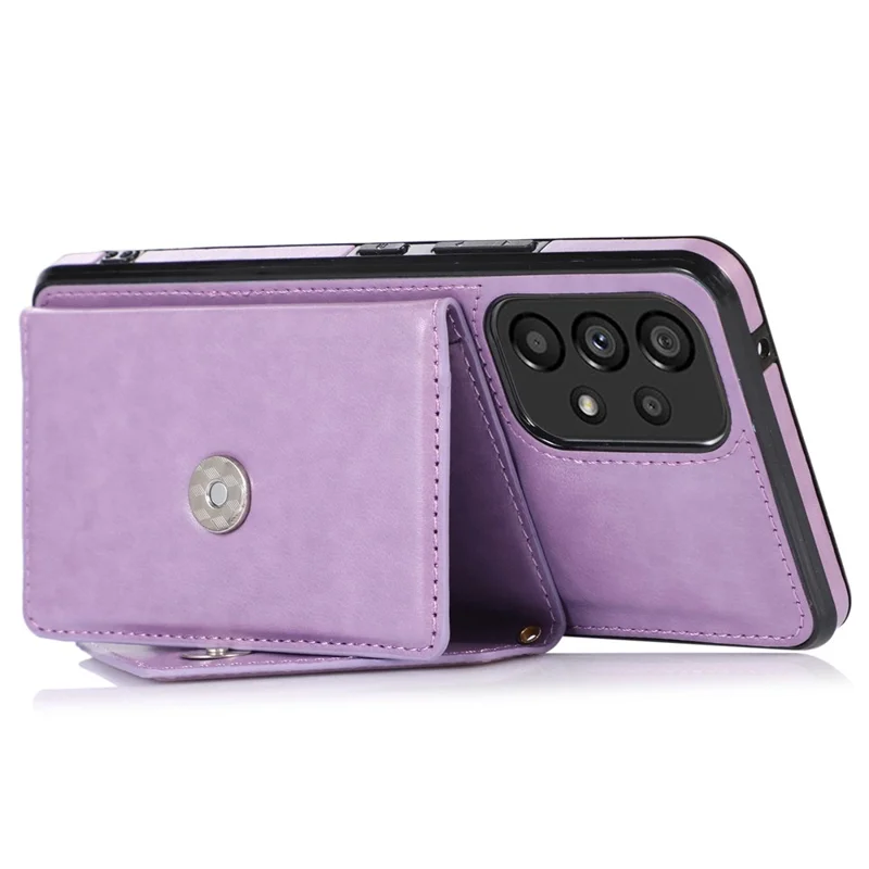 For Samsung Galaxy A53 5G Card Holder Kickstand Phone Case Leather Coated TPU Back Cover with Shoulder Strap - Light Purple