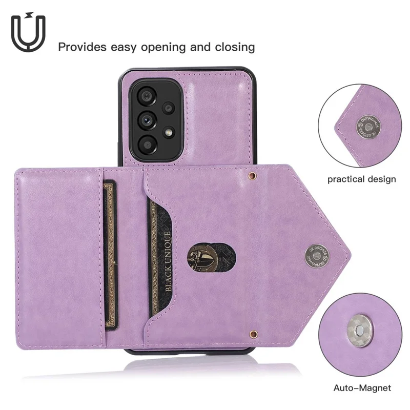 For Samsung Galaxy A53 5G Card Holder Kickstand Phone Case Leather Coated TPU Back Cover with Shoulder Strap - Light Purple