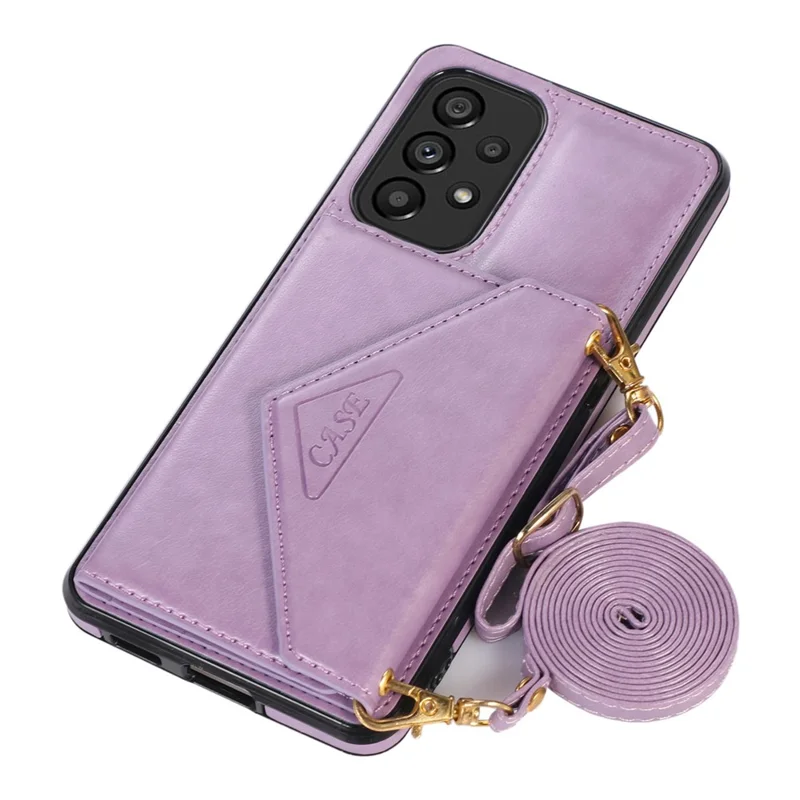 For Samsung Galaxy A53 5G Card Holder Kickstand Phone Case Leather Coated TPU Back Cover with Shoulder Strap - Light Purple