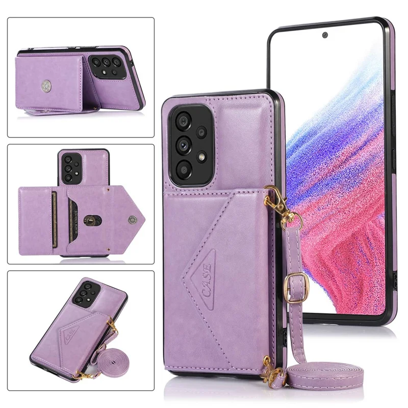 For Samsung Galaxy A53 5G Card Holder Kickstand Phone Case Leather Coated TPU Back Cover with Shoulder Strap - Light Purple