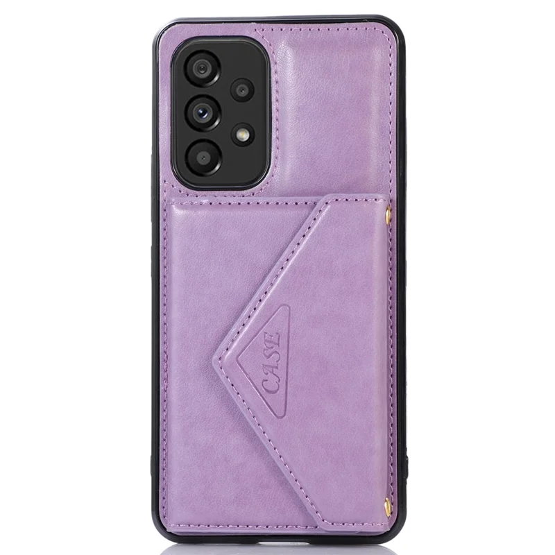 For Samsung Galaxy A53 5G Card Holder Kickstand Phone Case Leather Coated TPU Back Cover with Shoulder Strap - Light Purple