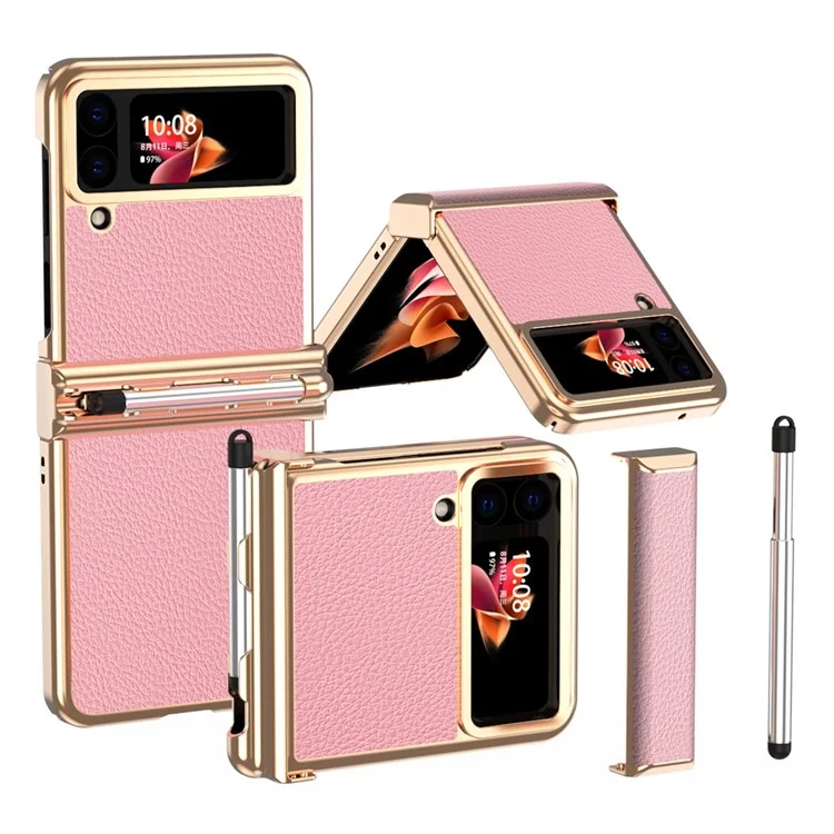 For Samsung Galaxy Z Flip4 5G Litchi Texture Electroplating Phone Case Double Hinge Design Leather Coated PC Cover with Stylus Pen - Gold / Pink