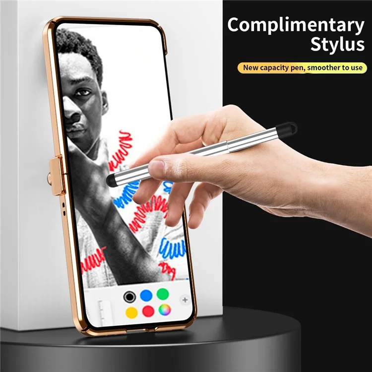 For Samsung Galaxy Z Flip4 5G Litchi Texture Electroplating Phone Case Double Hinge Design Leather Coated PC Cover with Stylus Pen - Gold / Pink