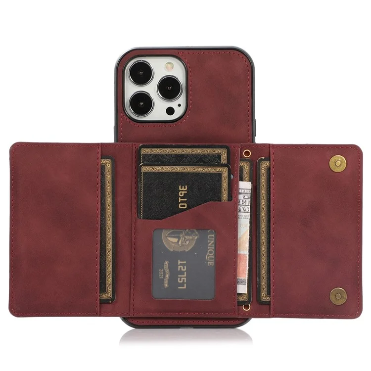 For iPhone 14 Pro 6.1 inch Leather Coated TPU Phone Protector Foldable Wallet Design Back Cover - Wine Red