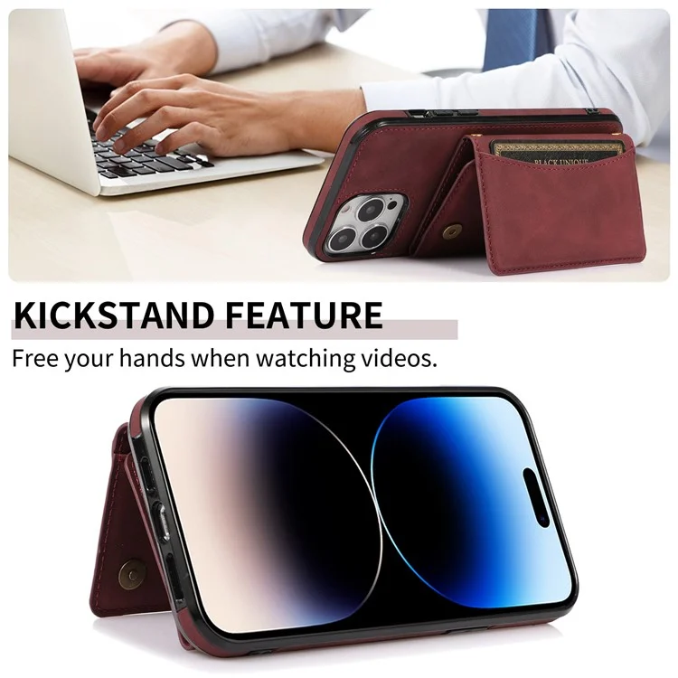 For iPhone 14 Pro 6.1 inch Leather Coated TPU Phone Protector Foldable Wallet Design Back Cover - Wine Red