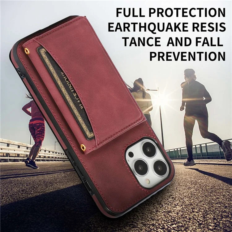 For iPhone 14 Pro 6.1 inch Leather Coated TPU Phone Protector Foldable Wallet Design Back Cover - Wine Red