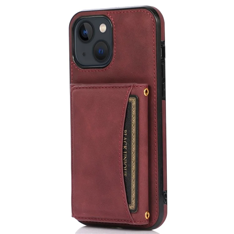 For iPhone 14 Plus Leather Coated TPU Phone Shell Foldable Wallet Feature Mobile Phone Cover - Wine Red