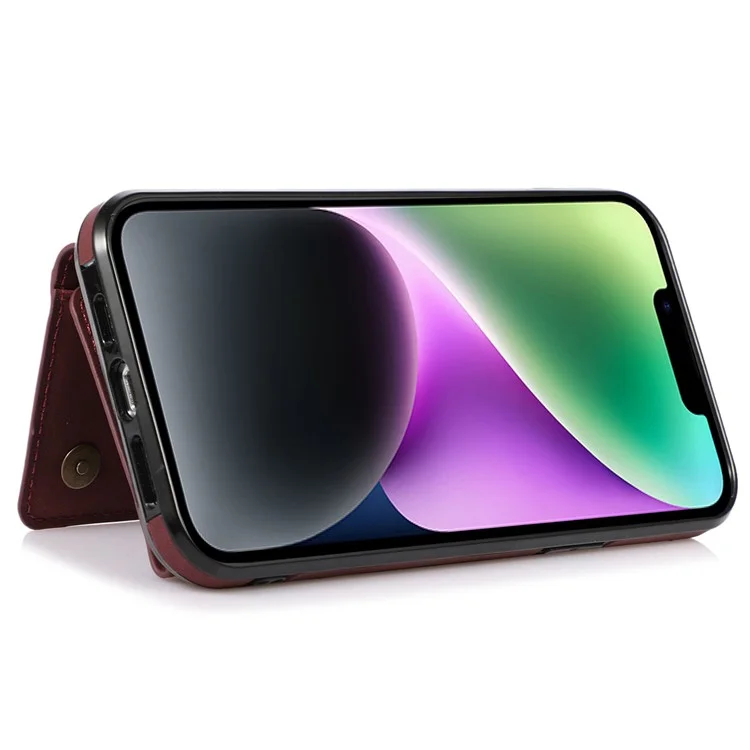 For iPhone 14 Plus Leather Coated TPU Phone Shell Foldable Wallet Feature Mobile Phone Cover - Wine Red
