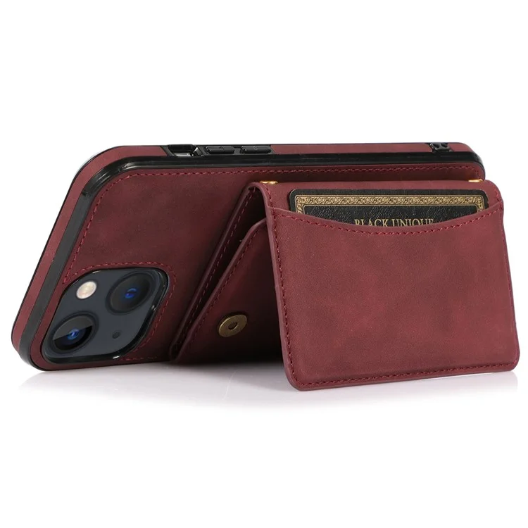 For iPhone 14 Plus Leather Coated TPU Phone Shell Foldable Wallet Feature Mobile Phone Cover - Wine Red