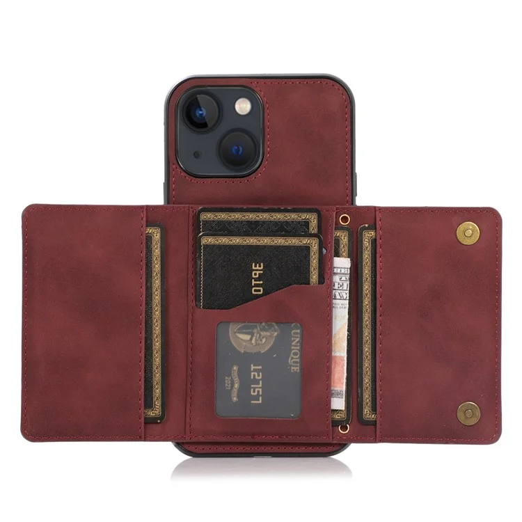 For iPhone 14 Plus Leather Coated TPU Phone Shell Foldable Wallet Feature Mobile Phone Cover - Wine Red