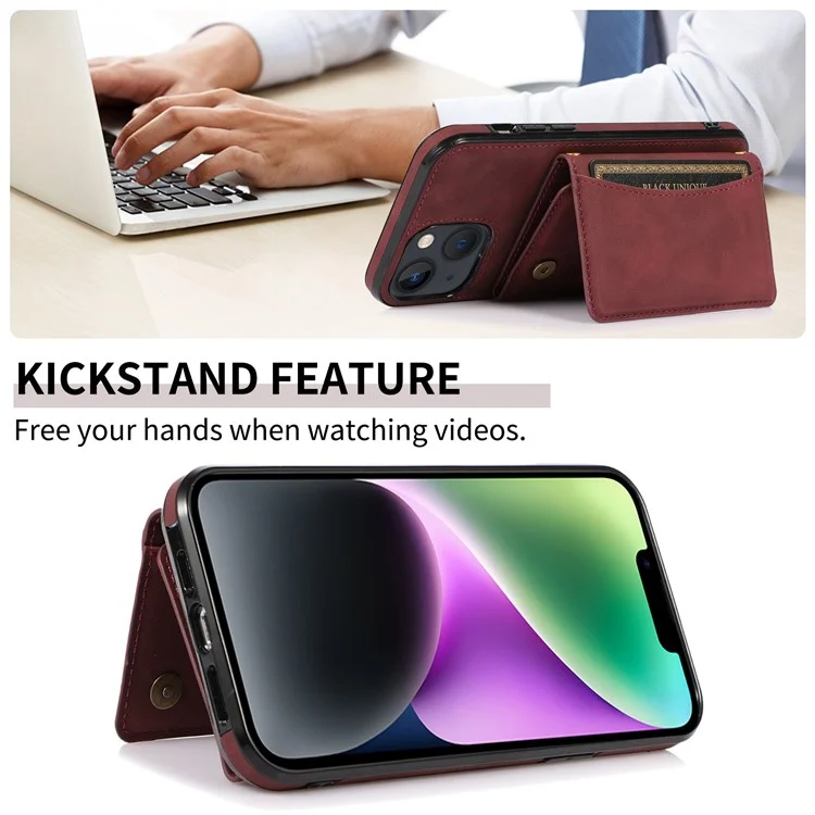 For iPhone 14 Plus Leather Coated TPU Phone Shell Foldable Wallet Feature Mobile Phone Cover - Wine Red