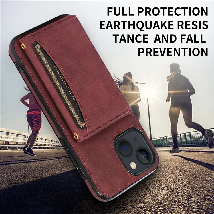 For iPhone 14 Plus Leather Coated TPU Phone Shell Foldable Wallet Feature Mobile Phone Cover - Wine Red