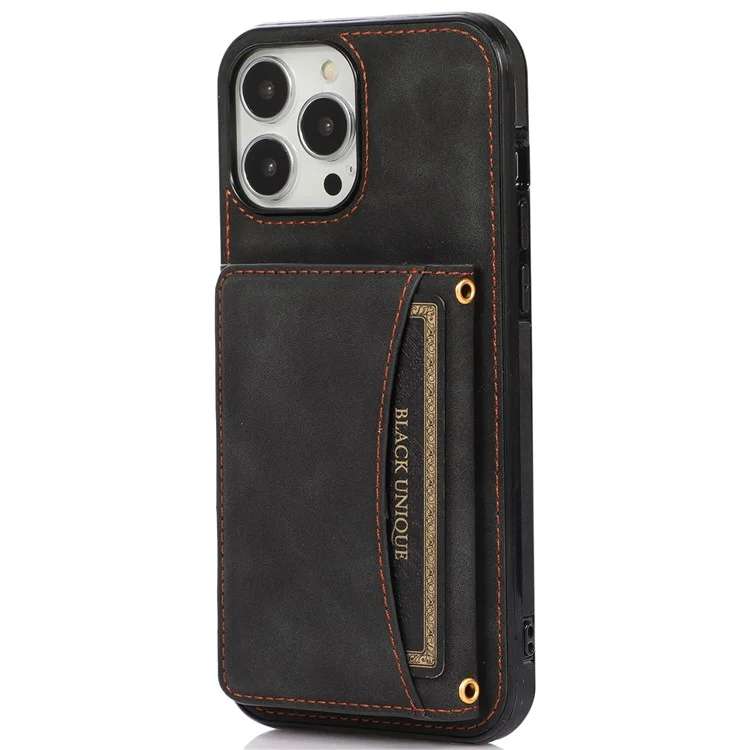 Per Iphone 14 Pro Max 6,7 Pollici Tri-fold Wallet Kickstand Cover Posteriore PU Peth + TPU Anti-scratch Case - Nero