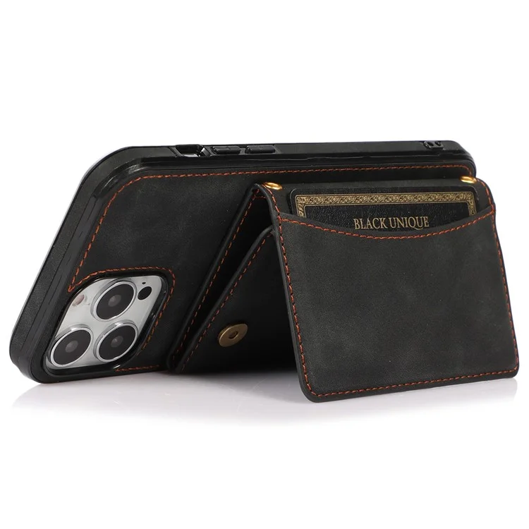 Per Iphone 14 Pro Max 6,7 Pollici Tri-fold Wallet Kickstand Cover Posteriore PU Peth + TPU Anti-scratch Case - Nero