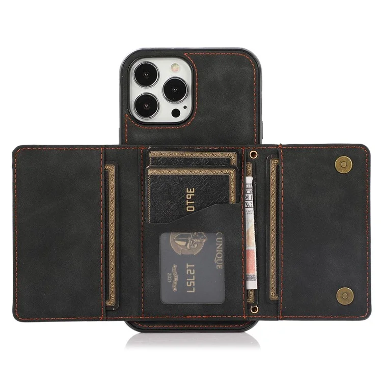 Per Iphone 14 Pro Max 6,7 Pollici Tri-fold Wallet Kickstand Cover Posteriore PU Peth + TPU Anti-scratch Case - Nero
