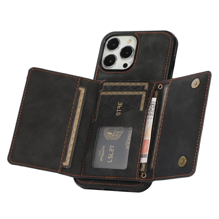 Per Iphone 14 Pro Max 6,7 Pollici Tri-fold Wallet Kickstand Cover Posteriore PU Peth + TPU Anti-scratch Case - Nero