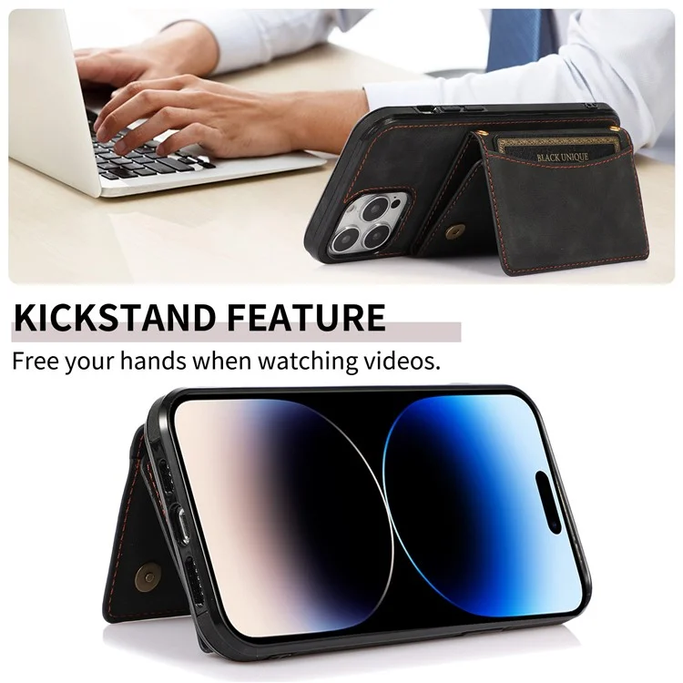 Per Iphone 14 Pro Max 6,7 Pollici Tri-fold Wallet Kickstand Cover Posteriore PU Peth + TPU Anti-scratch Case - Nero