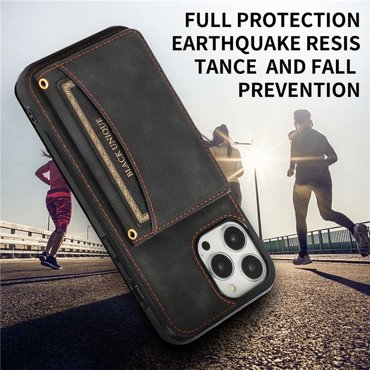Per Iphone 14 Pro Max 6,7 Pollici Tri-fold Wallet Kickstand Cover Posteriore PU Peth + TPU Anti-scratch Case - Nero