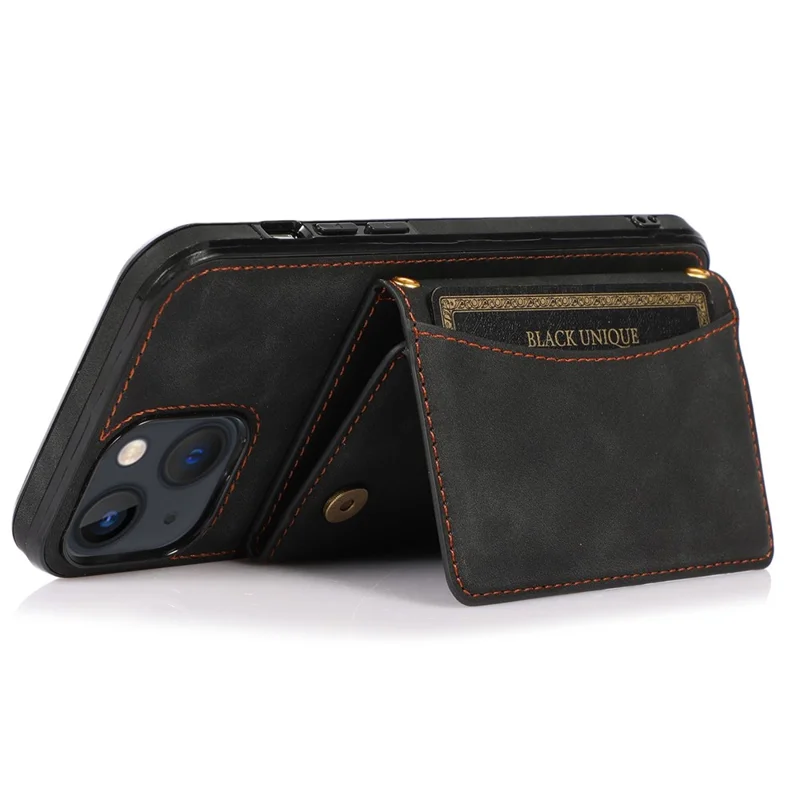 For iPhone 13 6.1 inch Tri-fold Card Holder Wallet Phone Kickstand Cover PU Leather + TPU Shockproof Case - Black