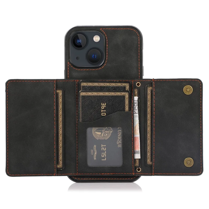 For iPhone 13 6.1 inch Tri-fold Card Holder Wallet Phone Kickstand Cover PU Leather + TPU Shockproof Case - Black