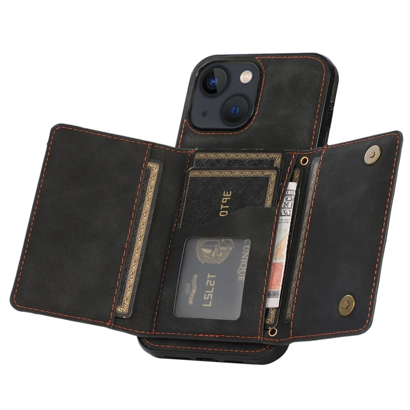 For iPhone 13 6.1 inch Tri-fold Card Holder Wallet Phone Kickstand Cover PU Leather + TPU Shockproof Case - Black