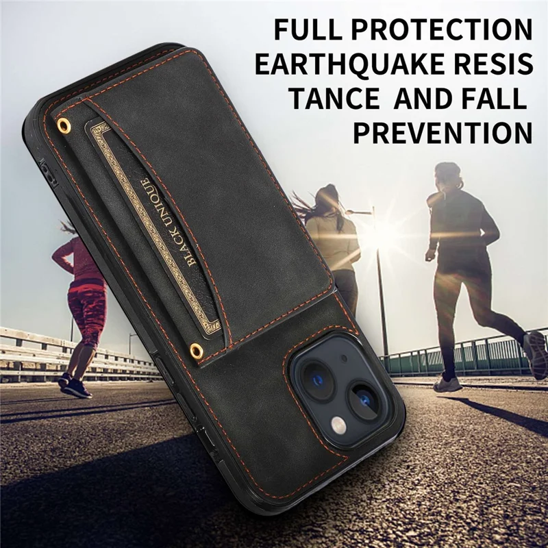For iPhone 13 6.1 inch Tri-fold Card Holder Wallet Phone Kickstand Cover PU Leather + TPU Shockproof Case - Black