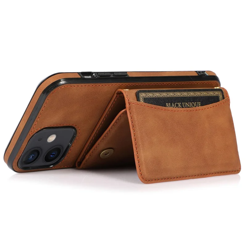 For iPhone 12 6.1 inch Multi Card Slots Kickstand Tri-fold Wallet Phone Cover PU Leather + TPU Protective Back Case - Brown