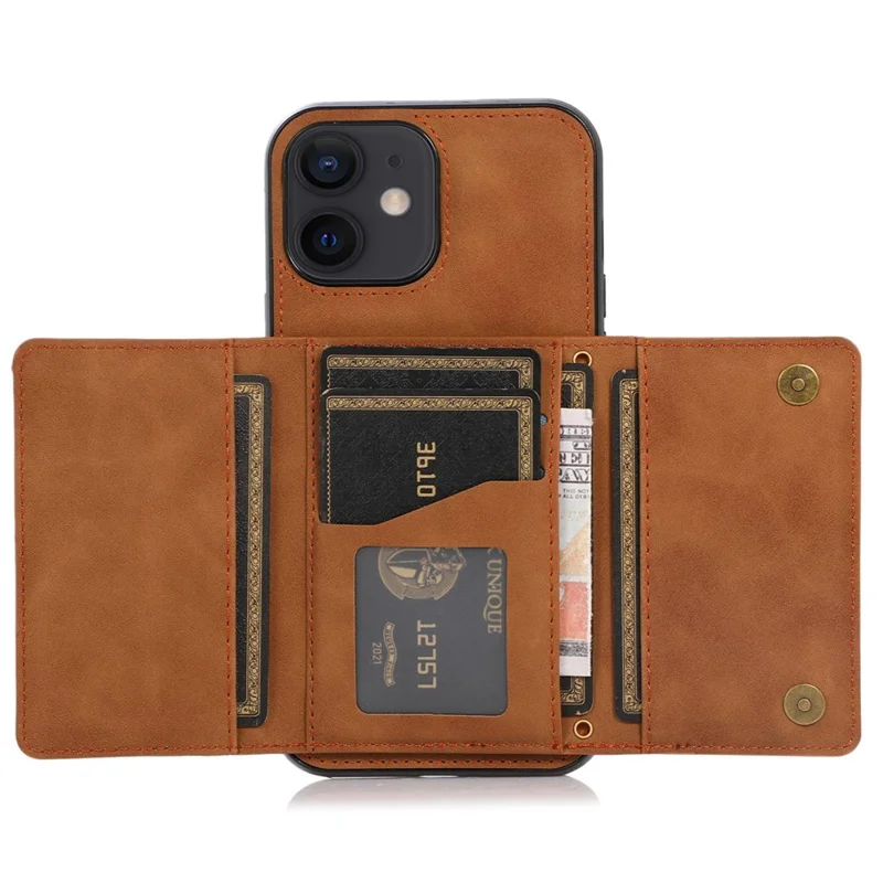 For iPhone 12 6.1 inch Multi Card Slots Kickstand Tri-fold Wallet Phone Cover PU Leather + TPU Protective Back Case - Brown