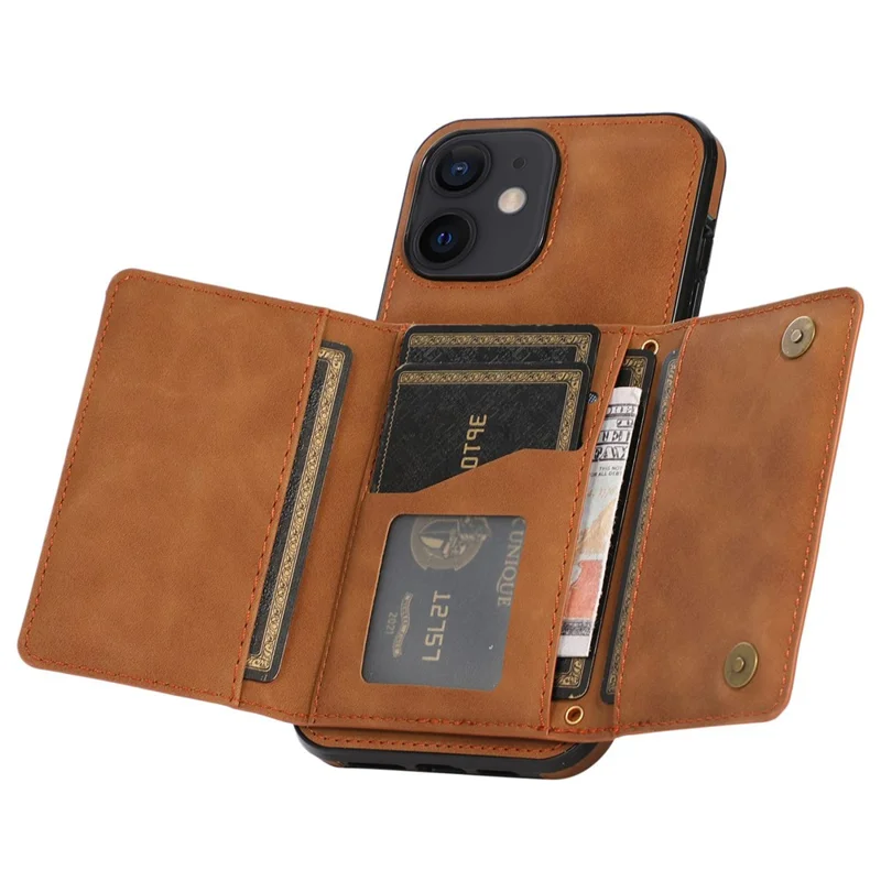 For iPhone 12 6.1 inch Multi Card Slots Kickstand Tri-fold Wallet Phone Cover PU Leather + TPU Protective Back Case - Brown