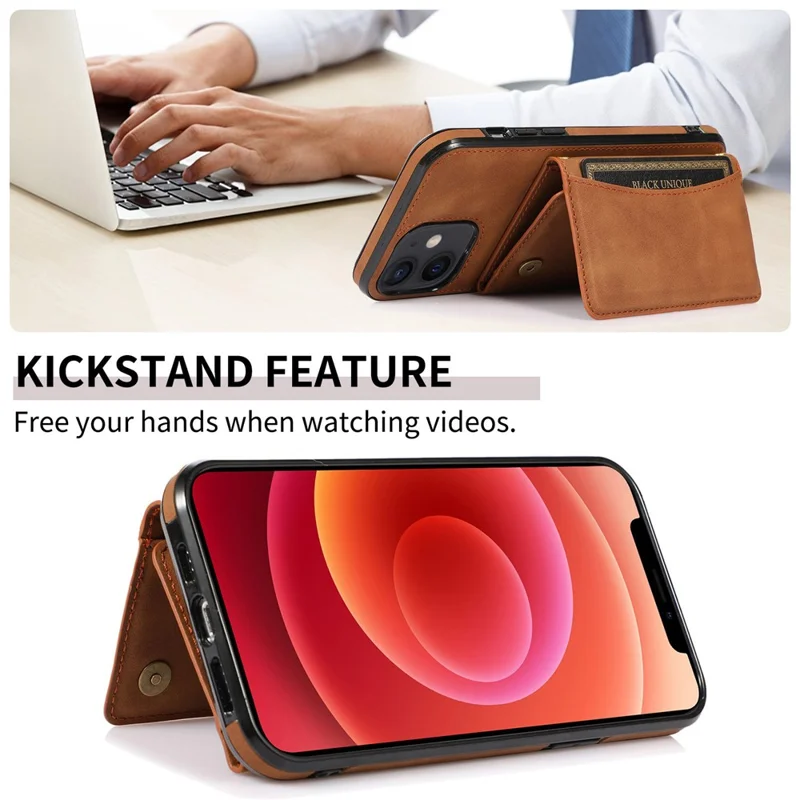 For iPhone 12 6.1 inch Multi Card Slots Kickstand Tri-fold Wallet Phone Cover PU Leather + TPU Protective Back Case - Brown