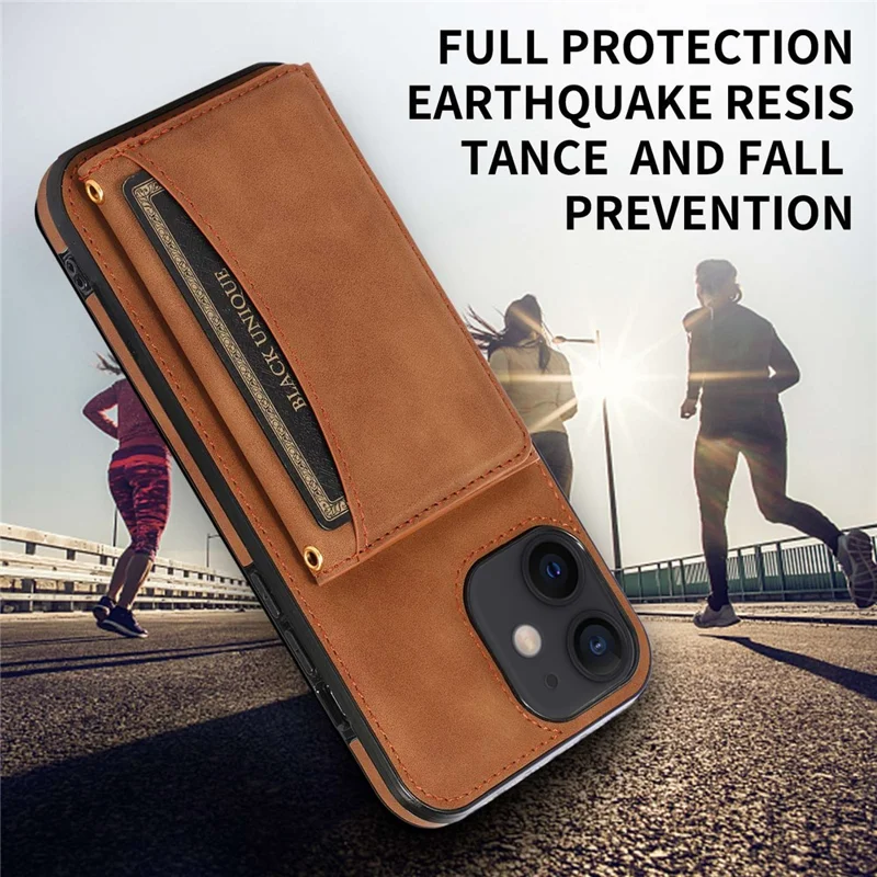 For iPhone 12 6.1 inch Multi Card Slots Kickstand Tri-fold Wallet Phone Cover PU Leather + TPU Protective Back Case - Brown