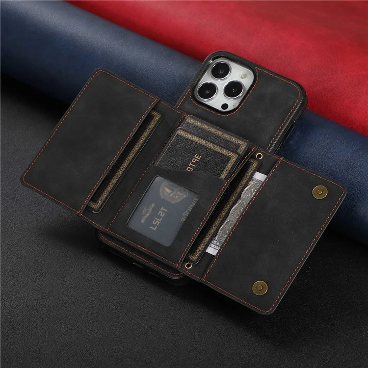 Pour Iphone 13 Pro 6,1 Pouces Trifold Wallet Kickstand Téléphone Couvercle Multi Carte Slots PU Leather + TPU Protecteur - le Noir