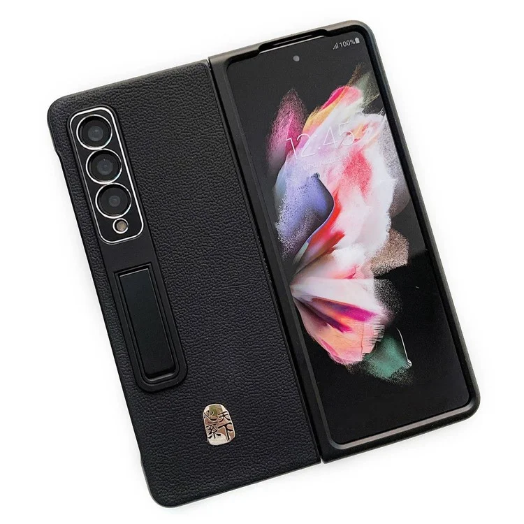 Para Samsung Galaxy Z Fold4 5g Litchi Texture Case de Telefone Kickstand Cover de Couro Genuíno Com Revestimento de PC - Preto