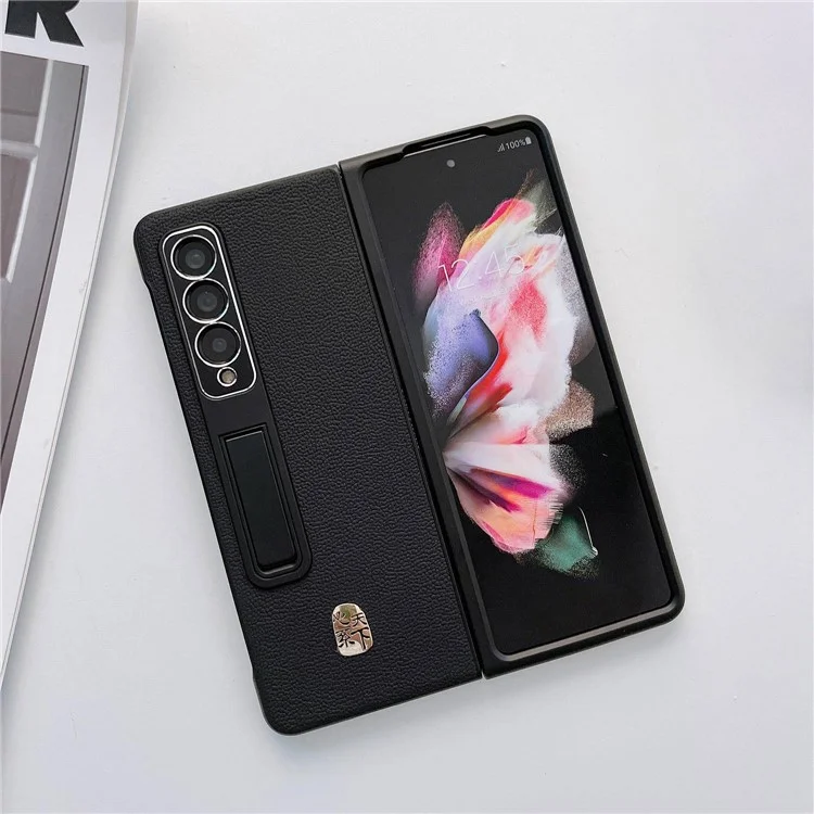 Para Samsung Galaxy Z Fold4 5g Litchi Texture Case de Telefone Kickstand Cover de Couro Genuíno Com Revestimento de PC - Preto