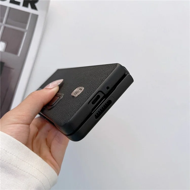 Para Samsung Galaxy Z Fold4 5g Litchi Texture Case de Telefone Kickstand Cover de Couro Genuíno Com Revestimento de PC - Preto