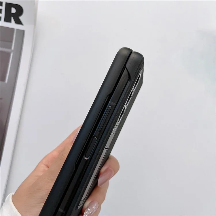 Para Samsung Galaxy Z Fold4 5g Litchi Texture Case de Telefone Kickstand Cover de Couro Genuíno Com Revestimento de PC - Preto