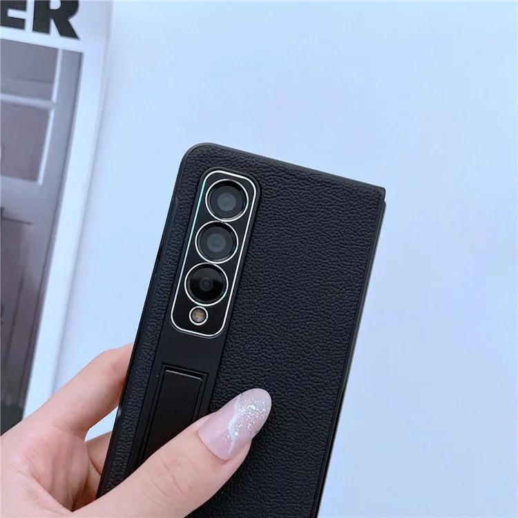 Para Samsung Galaxy Z Fold4 5g Litchi Texture Case de Telefone Kickstand Cover de Couro Genuíno Com Revestimento de PC - Preto