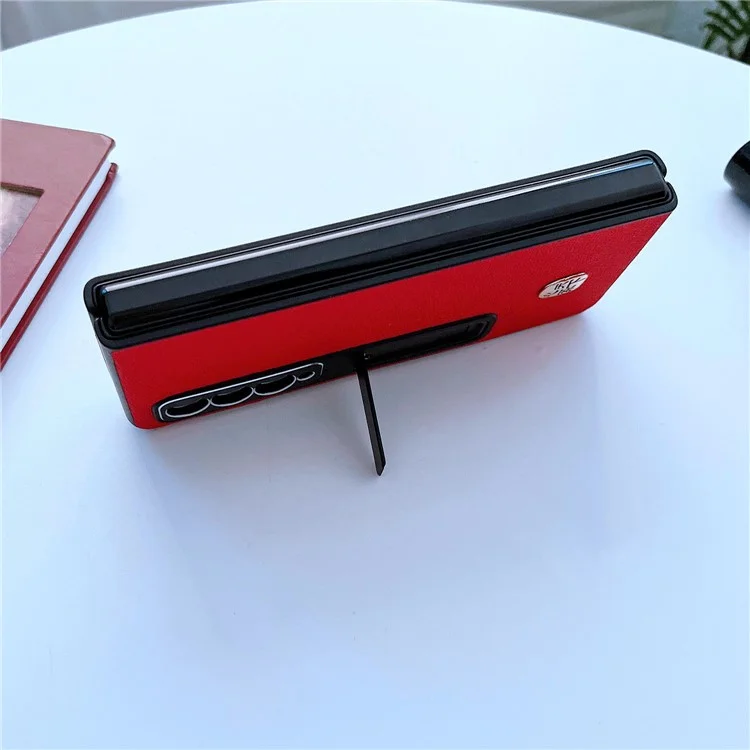 Para Samsung Galaxy Z Fold4 5g Litchi Texture Case de Telefone Kickstand Cover de Couro Genuíno Com Revestimento de PC - Preto