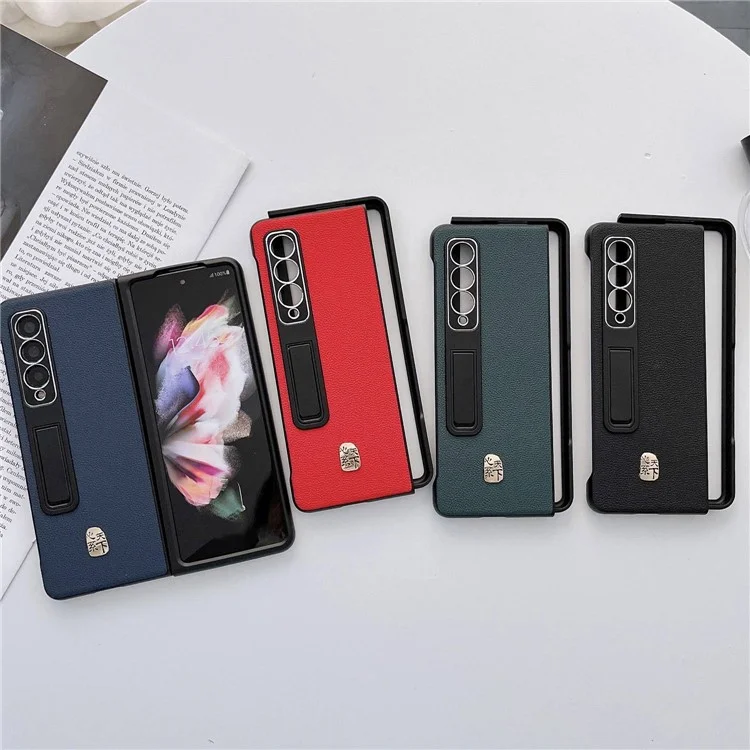 Para Samsung Galaxy Z Fold4 5g Litchi Texture Case de Telefone Kickstand Cover de Couro Genuíno Com Revestimento de PC - Preto