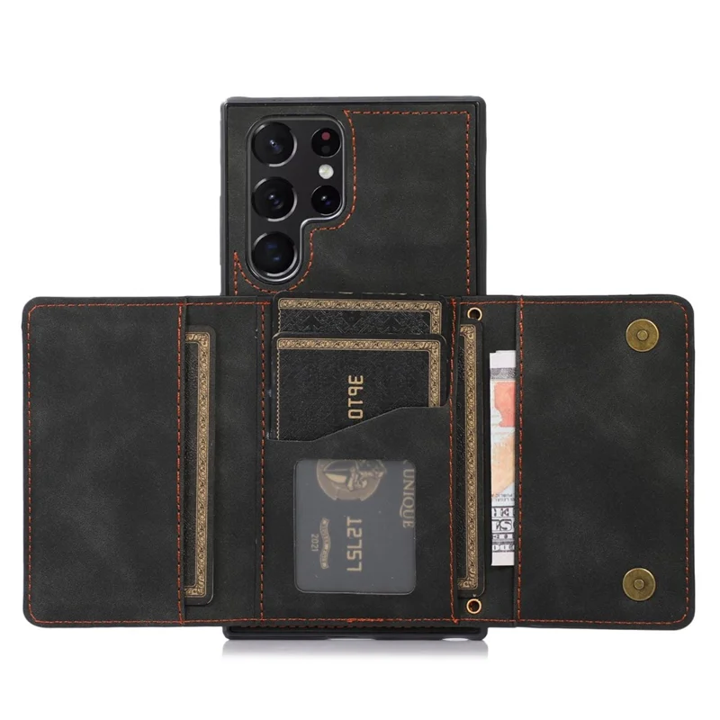 For Samsung Galaxy S21 Ultra 5G Wallet Phone Case Well-protected Anti-fall Multiple Card Slots Leather Coated TPU Shell - Black