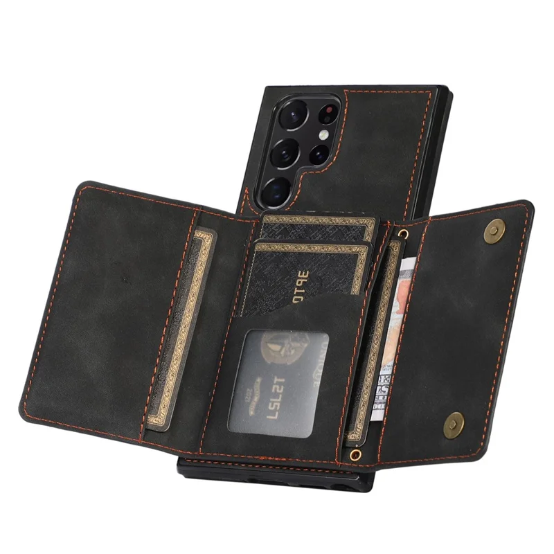 For Samsung Galaxy S21 Ultra 5G Wallet Phone Case Well-protected Anti-fall Multiple Card Slots Leather Coated TPU Shell - Black