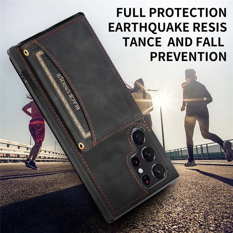 For Samsung Galaxy S21 Ultra 5G Wallet Phone Case Well-protected Anti-fall Multiple Card Slots Leather Coated TPU Shell - Black