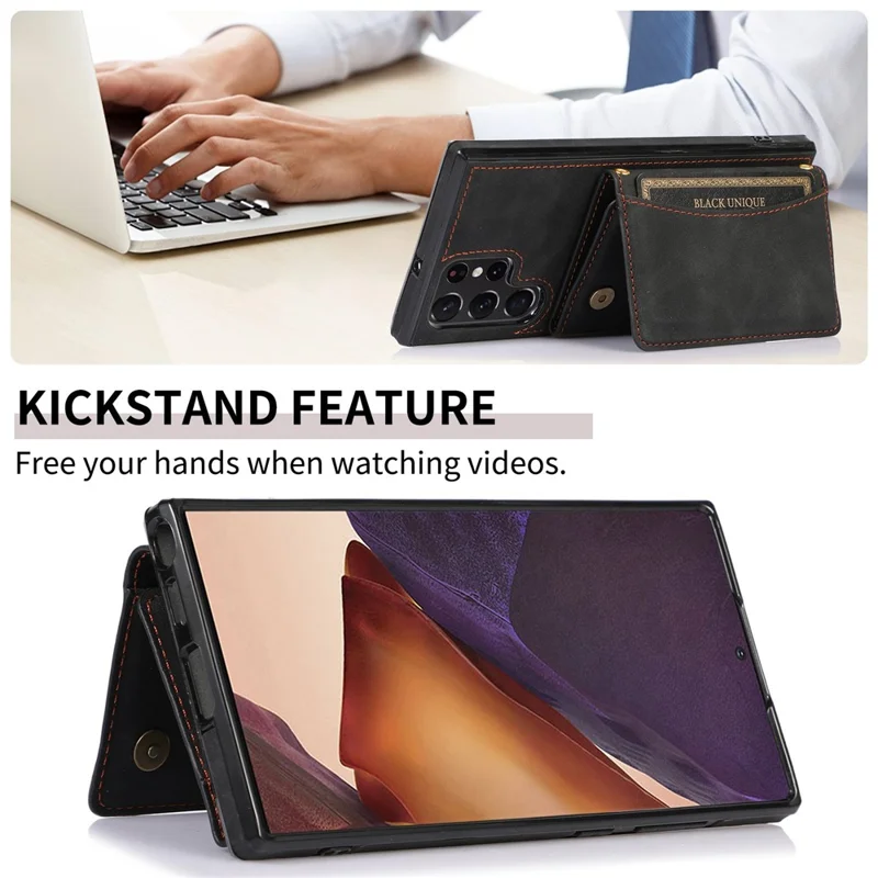 For Samsung Galaxy S22 Ultra 5G Foldable Wallet Design Leather Coated TPU Phone Case Shockproof Mobile Phone Shell - Black