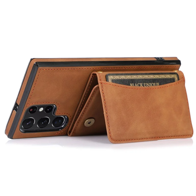 For Samsung Galaxy S22 Ultra 5G Foldable Wallet Design Leather Coated TPU Phone Case Shockproof Mobile Phone Shell - Brown