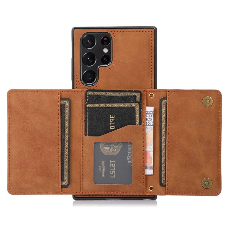 For Samsung Galaxy S22 Ultra 5G Foldable Wallet Design Leather Coated TPU Phone Case Shockproof Mobile Phone Shell - Brown
